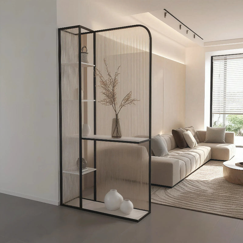 Modern Room Divider with Ribbed Glass Panels and Open Display Shelves for Living Room or Entryway Zoning