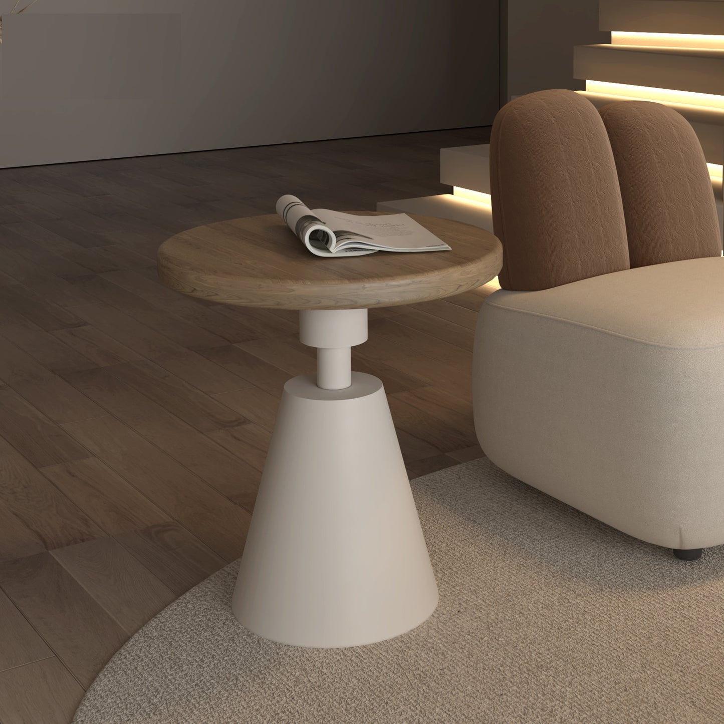Modern Round Side Table with Wood Top and Cone Base for Living Room or Lounge Area