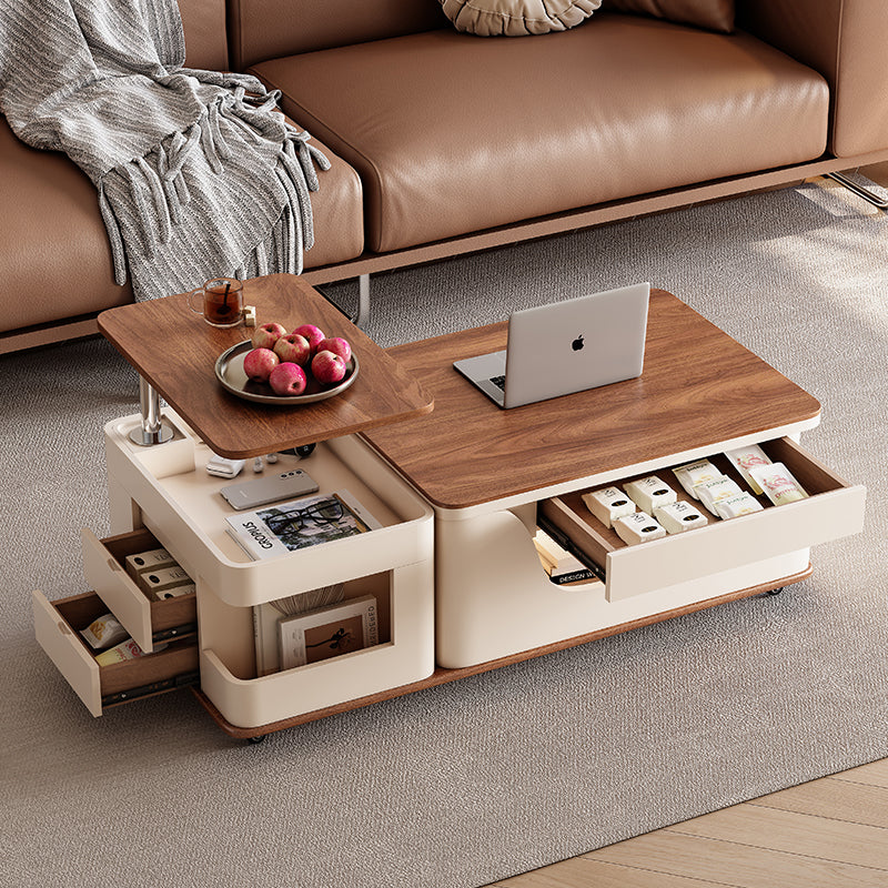 Lift Top Coffee Table with Hidden Storage Drawers Open Shelves and Dual Wood Surfaces for Living Room Dining or Work Use