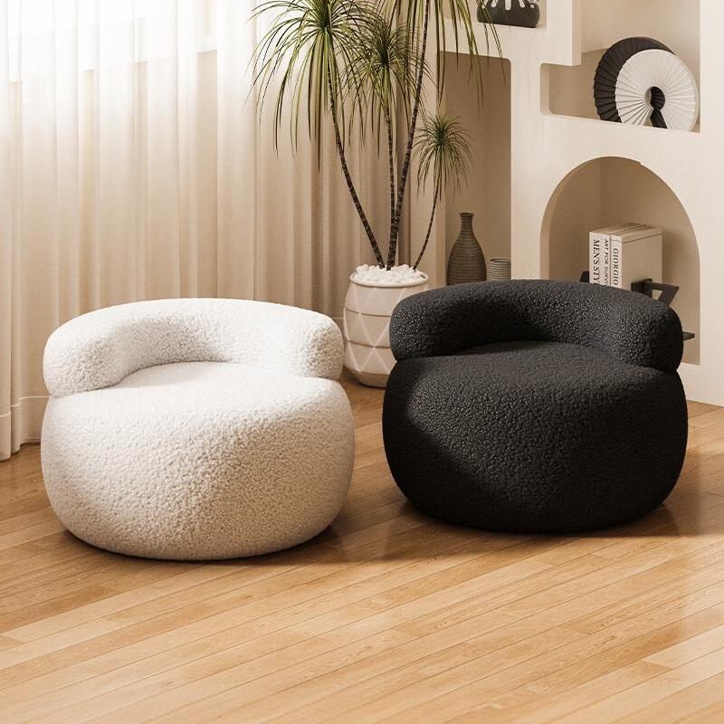 Modern Round Ottoman with Curved Backrest in Soft Textured Fabric for Living Room Bedroom or Lounge Seating Accent