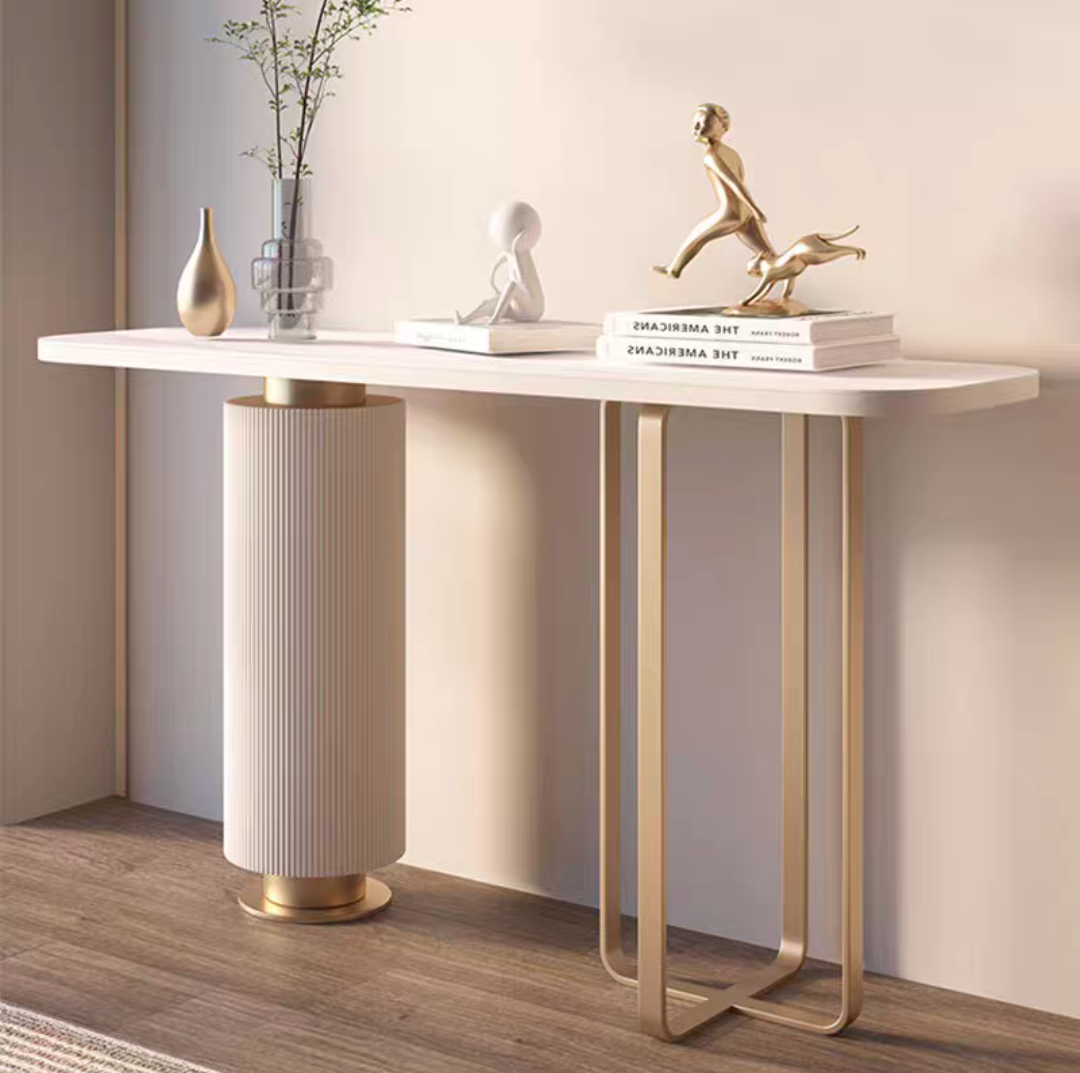 Modern Entryway Console Table with White Top Gold Metal Legs and Fluted Center Column for Hallway Living Room or Foyer Display