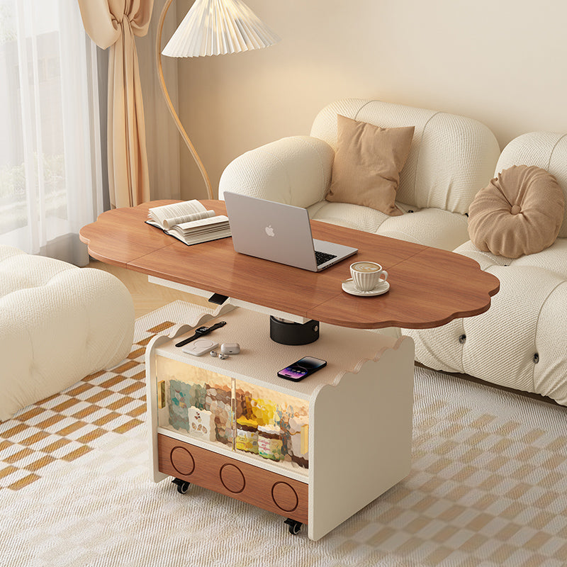 Lift Top Coffee Table with Scalloped Edge Wood Surface Storage Cabinet and Wheels for Living Room Dining or Study Use