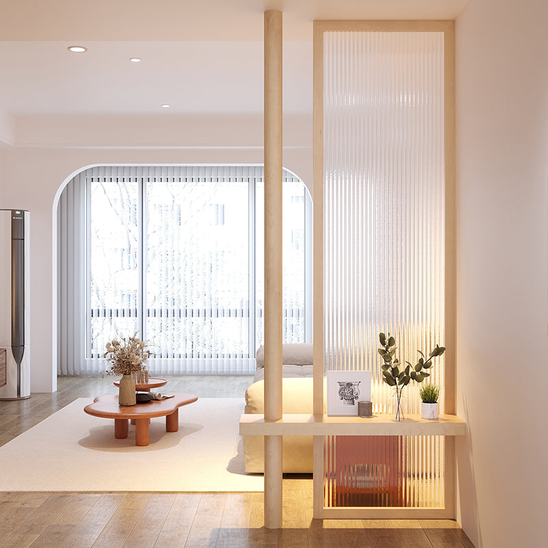 Modern Room Divider with Translucent Vertical Panel and Light Wood Frame for Stylish Living Room Partition or Entryway Accent Decor