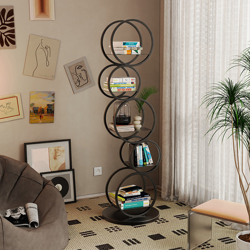Modern Geometric Circle Metal Bookshelf with Five Open Shelves for Living Room Bedroom or Office Display and Storage
