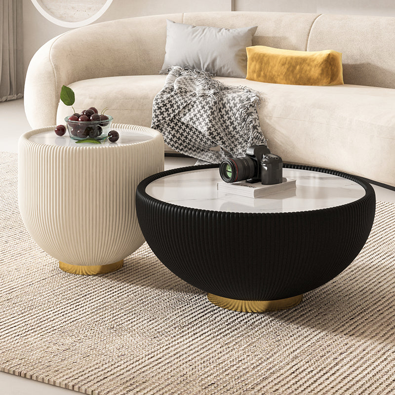 Modern Sculptural Coffee Table Set with Ribbed Black and White Bases and Round Marble Top for Stylish Living Room or Lounge Area