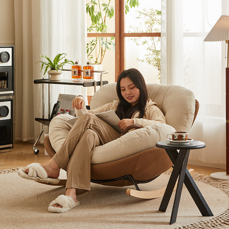 Modern Rocking Recliner Lounge Chair with Pillow Soft Cushion and Curved Wooden Base for Cozy Living Room or Bedroom Comfort