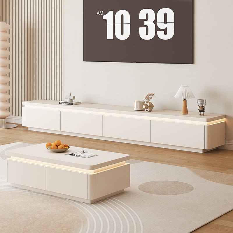 Modern Low Profile TV Stand with LED Strip Lighting and Soft Close Drawers in Matte White Finish for Living Room or Entertainment Area