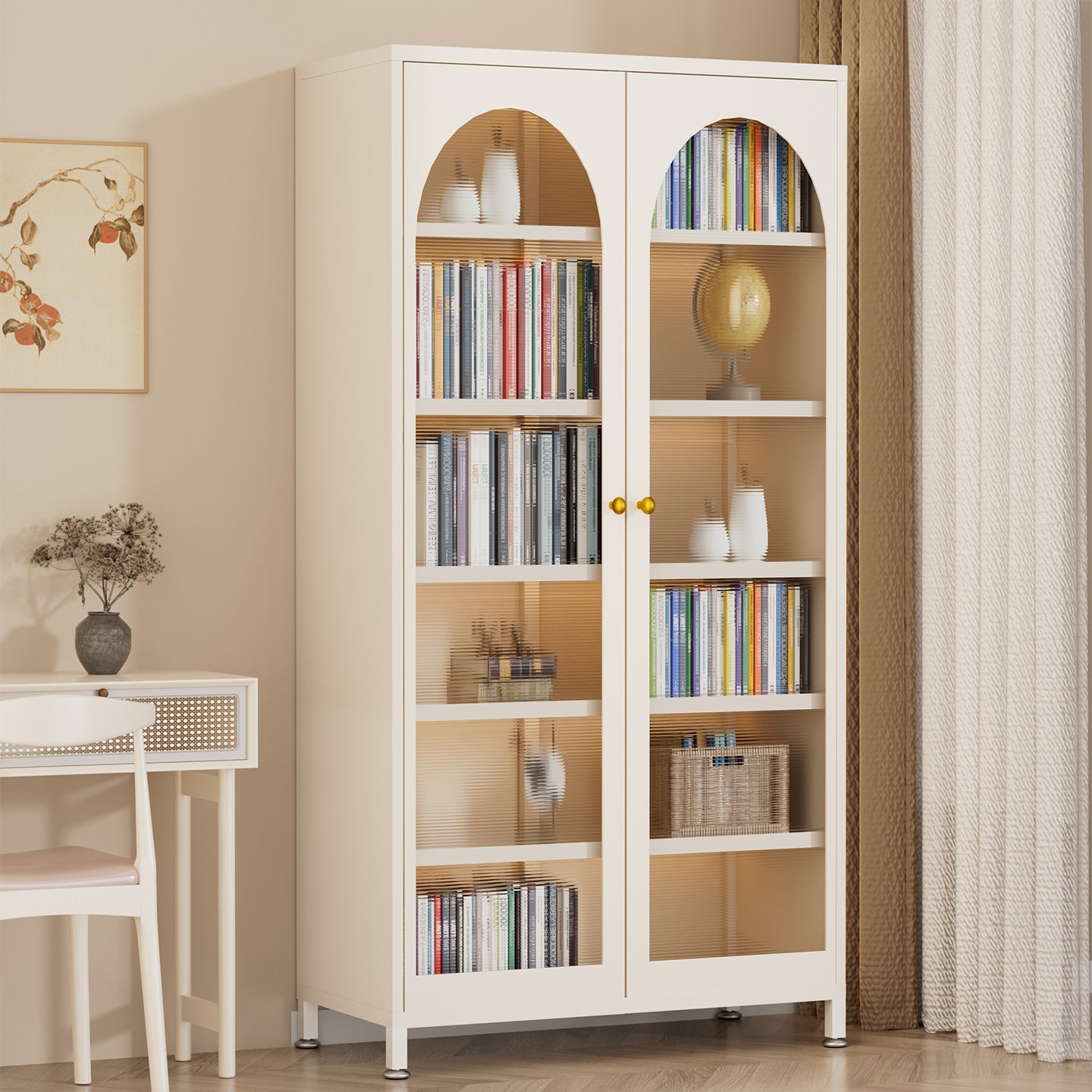 Modern Arched Glass Door Bookcase with Adjustable Shelves a€?Tall Storage Cabinet for Living Room, Study, or Office