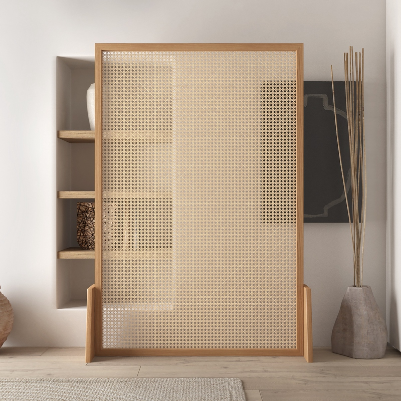 Natural Rattan Room Divider with Solid Wood Frame and Woven Cane Panel for Boho Scandinavian or Japandi Style Interior Spaces