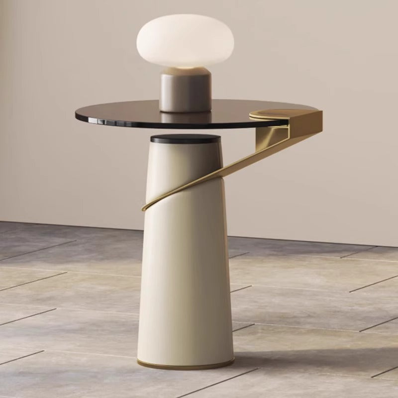 Modern Sculptural Side Table with Black Glass Top and Gold Accent Arm for Contemporary Living Room Bedroom or Gallery Interiors