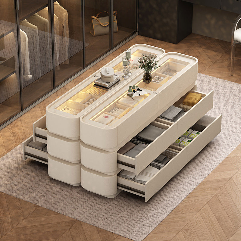Modern Cream Storage Island Cabinet with Glass Top and Soft Close Drawers for Walk-In Closet Organization and Display