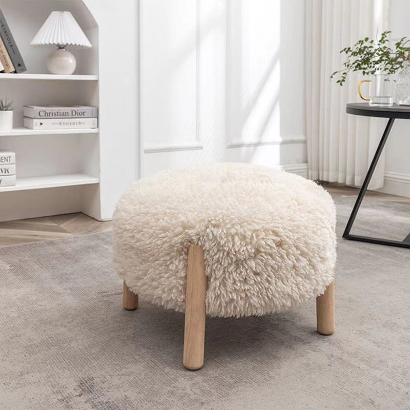 Round Faux Sheepskin Ottoman with Wooden Legs in Cream for Living Room Bedroom or Cozy Scandinavian Inspired Decor