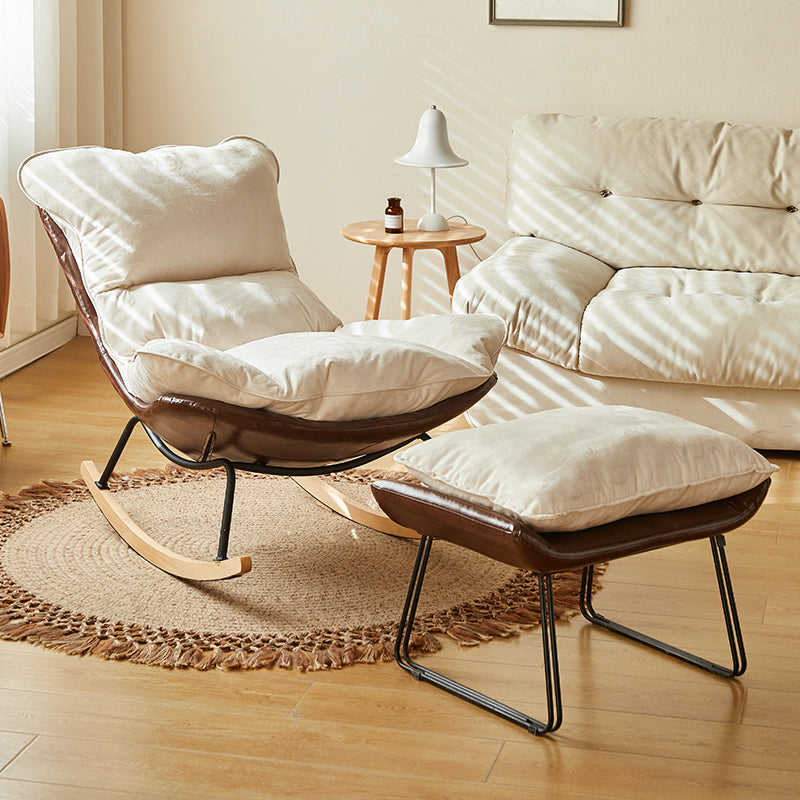 Modern Recliner Rocking Chair with Ottoman and Tufted Cushion in Faux Leather and Fabric for Living Room Bedroom or Reading Nook