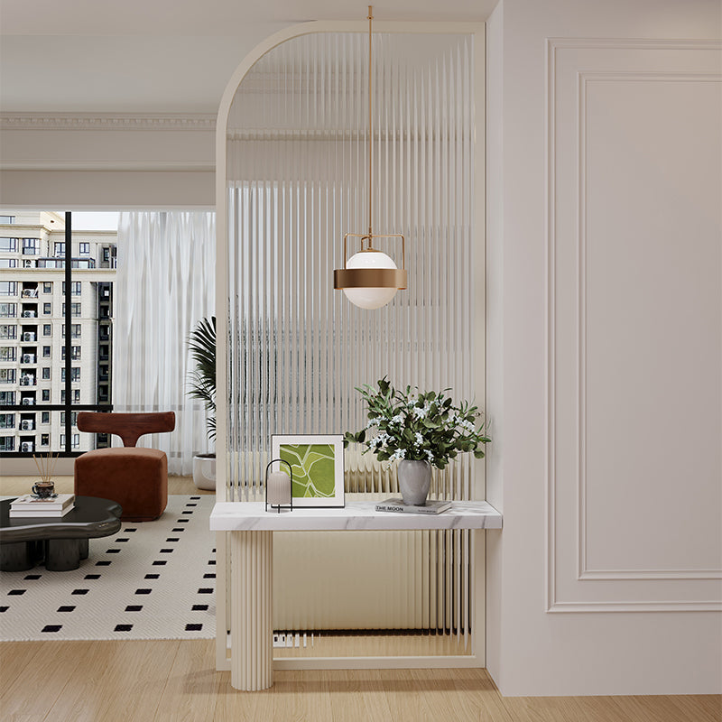 Modern Arched Room Divider with Vertical Ribbed Glass Panel and Built In Console Shelf for Elegant Living Room or Entryway Accent