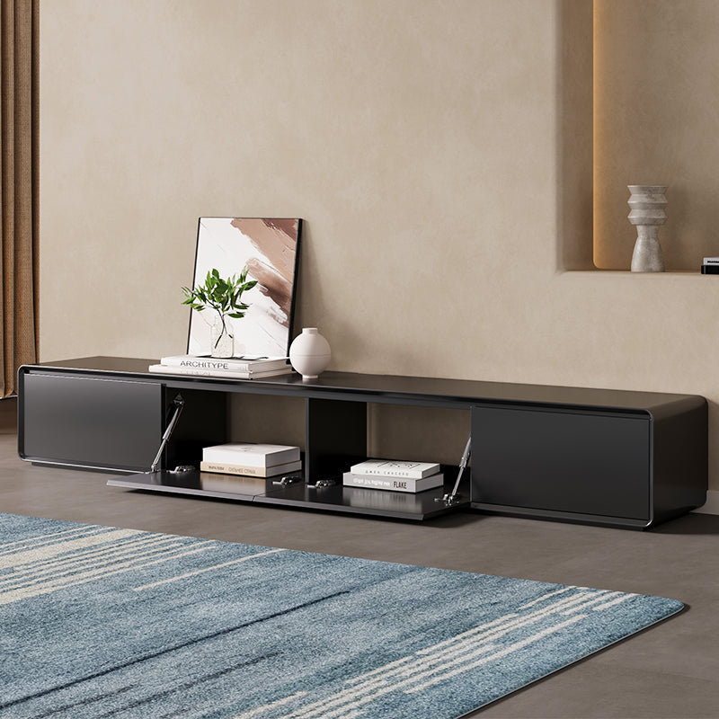 Modern Low Profile Black TV Stand with Flip Down Doors and Open Shelves for Living Room Entertainment and Media Storage