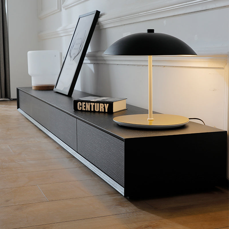 Minimalist Low Profile Black TV Stand with Flat Front Drawers and Wood Grain Finish for Modern Living Room or Media Console Setup