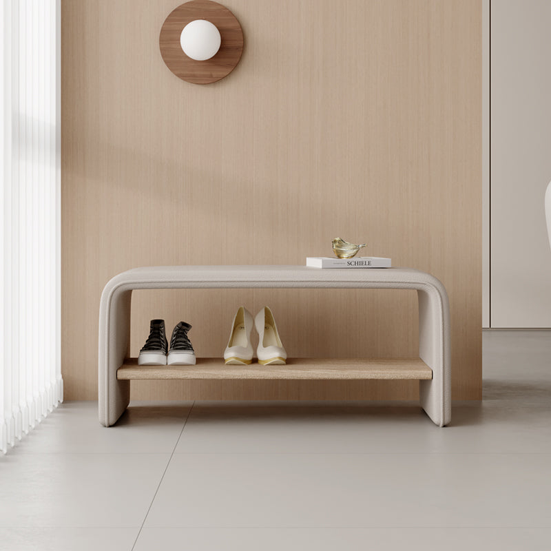 Minimalist Upholstered Entryway Bench with Curved Design and Open Shoe Shelf for Hallway or Bedroom