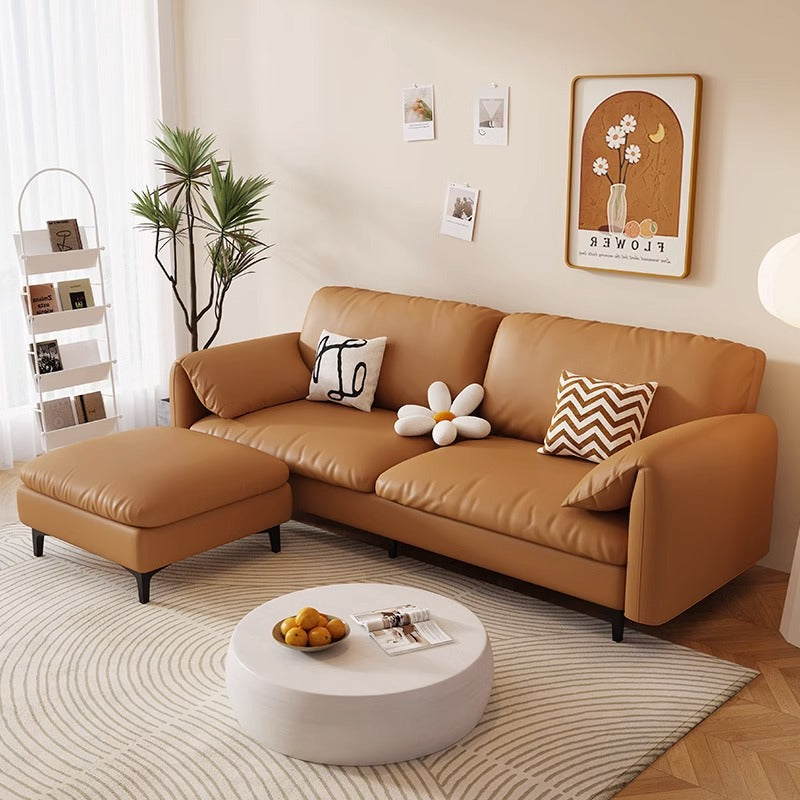 Modern Caramel Faux Leather Sofa with Removable Ottoman and Plush Cushions for Contemporary Living Rooms and Stylish Apartment Interiors