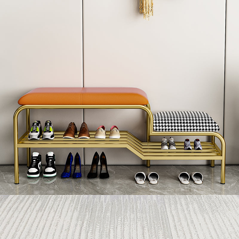 Two Seat Shoe Storage Bench with Faux Leather and Houndstooth Cushions and Gold Metal Frame for Entryway or Bedroom