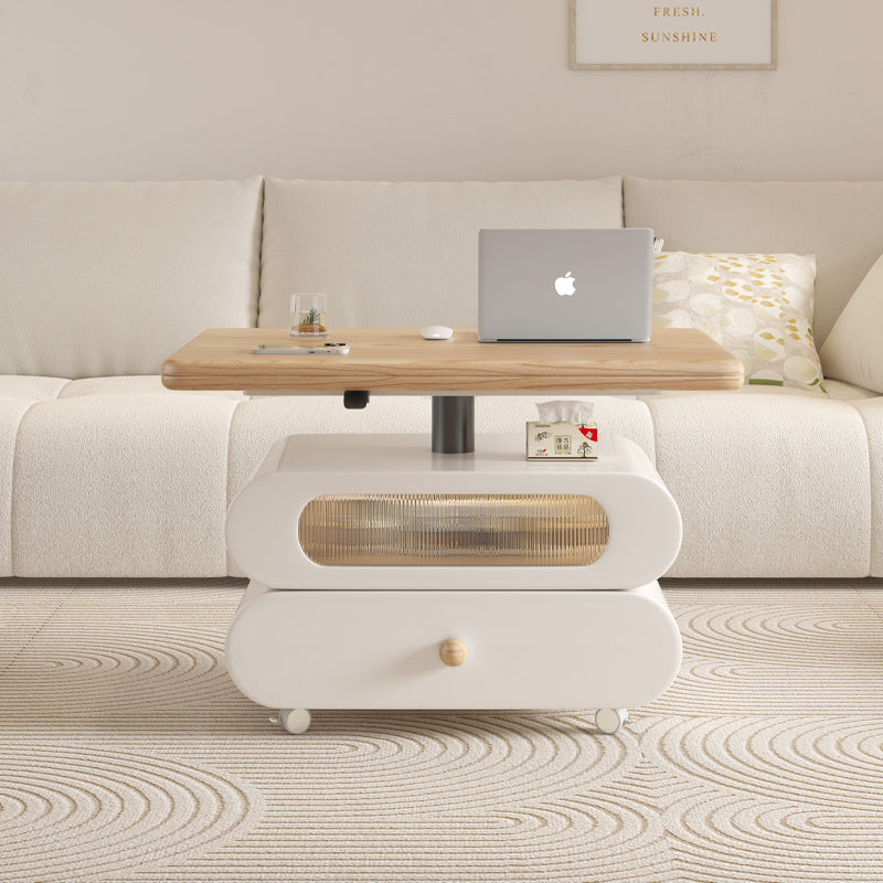 Modern Lift Top Coffee Table with Rounded Design Hidden Storage Cabinet and Drawer on Wheels for Living Room or Home Office