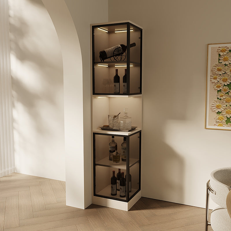 Modern Corner Glass Bar Cabinet with LED Lighting for Wine Bottles and Drinkware Display