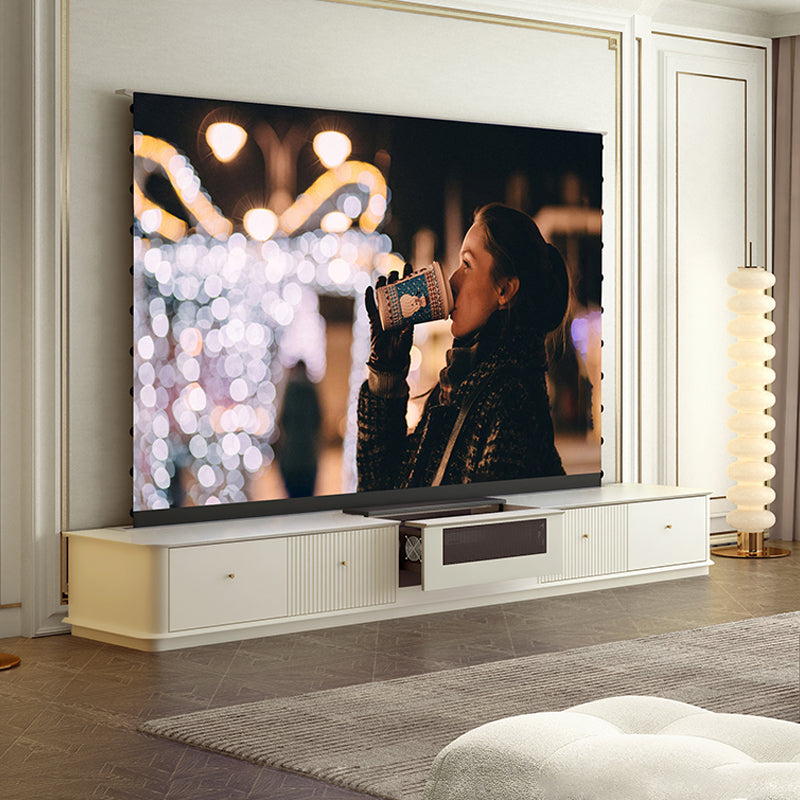 Elegant White TV Stand with Fluted Doors, Brass Accents, and Central Mesh Cabinet for Modern Classic Living Room