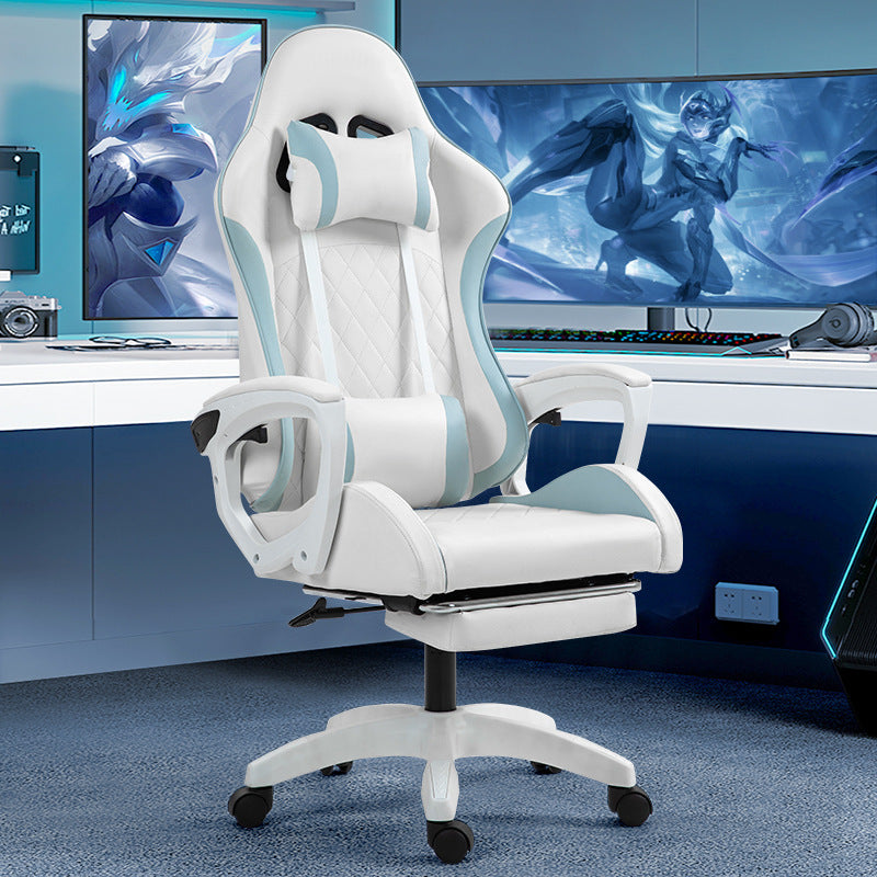 Ergonomic Gaming Chair with Footrest Lumbar Support and Headrest in White and Blue Faux Leather for Home Office or Game Room