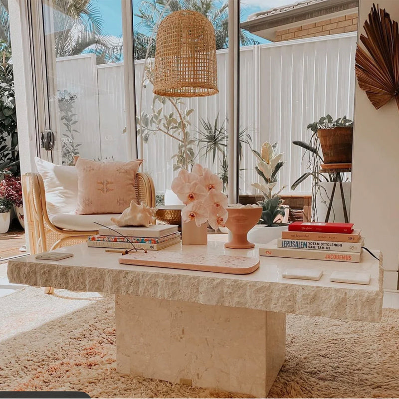 Rectangular Stone Coffee Table with Textured Block Base and Raw Edge Top a€?Natural Finish Centerpiece for Modern Boho or Coastal Living Spaces