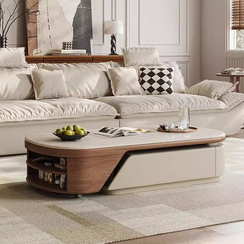 Modern Coffee Table with Faux Marble Top, Hidden Storage Drawer & Open Shelves a€?Multi-Functional Center Table for Contemporary Living Room
