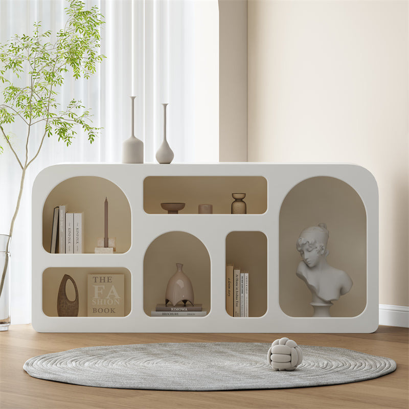 Modern Sculptural Display Bookshelf with Asymmetrical Arch Niches and Open Storage for Living Room or Gallery Style Decor
