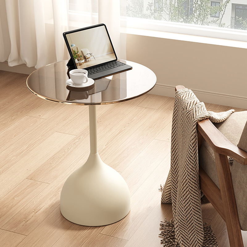 Modern Round Side Table with Tinted Glass Top and Curved Pedestal Base for Living Room or Reading Corner