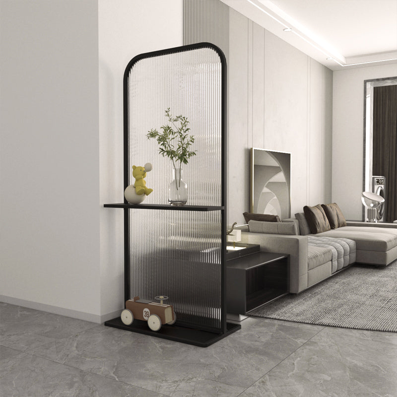 Modern Freestanding Room Divider with Ribbed Glass Panel and Display Shelf for Living Room or Entryway Partition