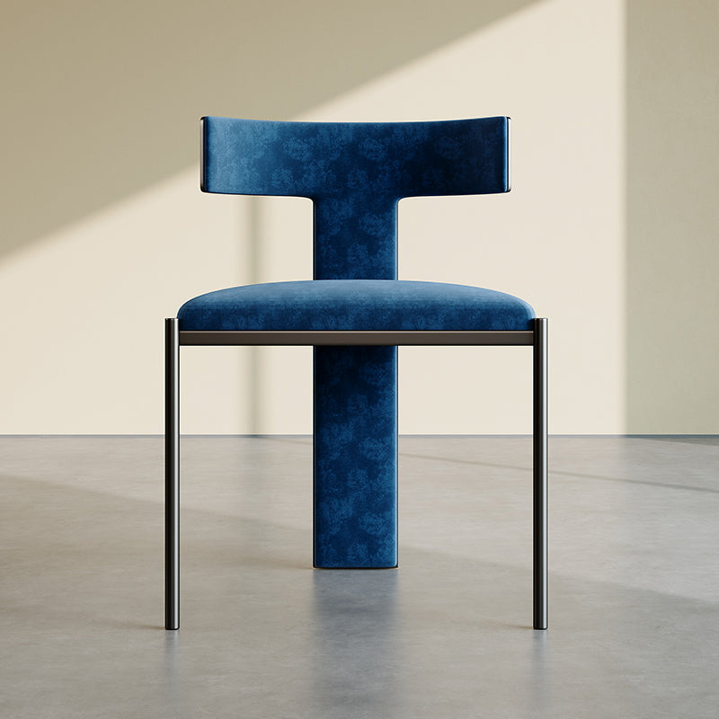Modern Designer Chair with T-Shaped Backrest in Blue Velvet and Metal Frame for Dining Room, Gallery, or Contemporary Accent Seating