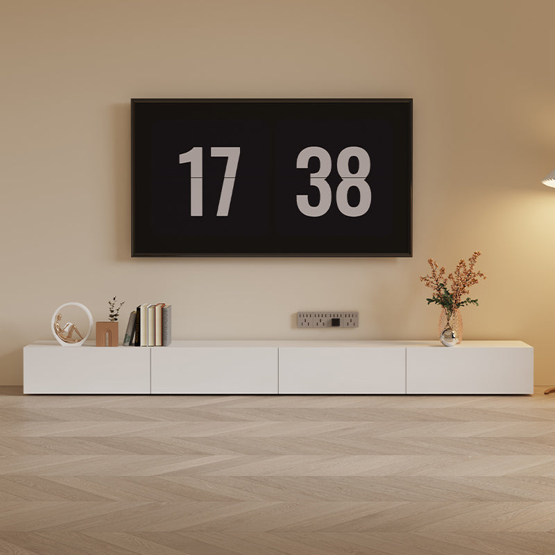 Ultra Low Profile Minimalist White TV Stand with Handleless Drawers for Modern Living Room and Media Storage