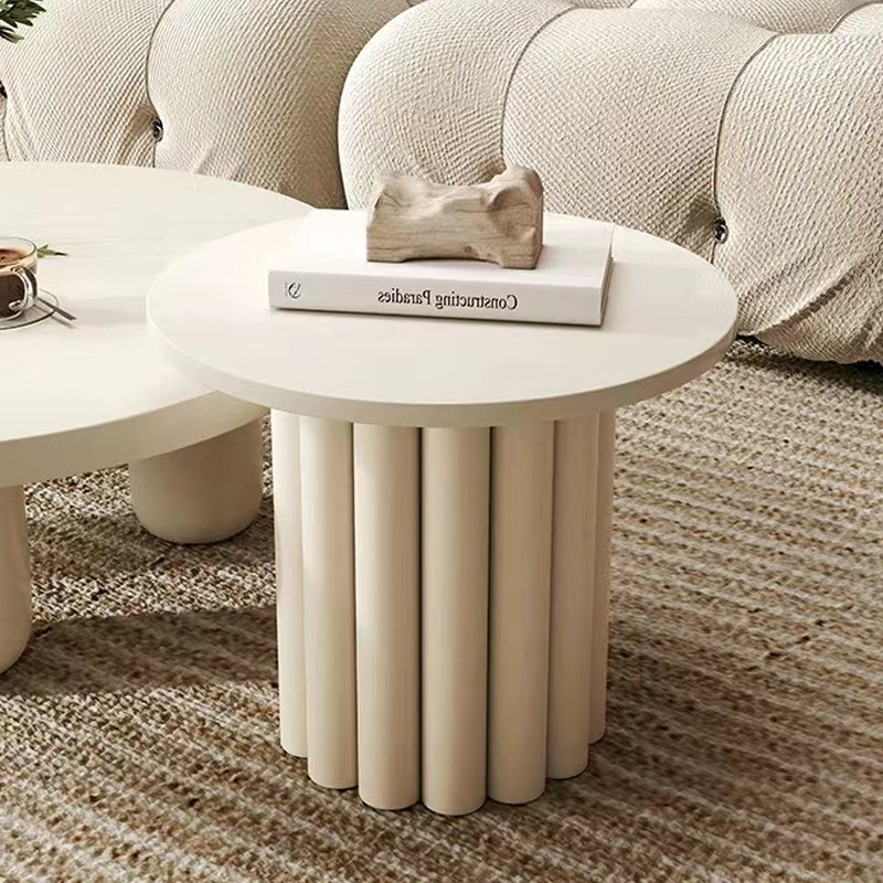 Modern Sculptural Round Side Table with Fluted Pillar Base in Cream Finish a€?Minimalist Accent Table for Living Room or Bedroom