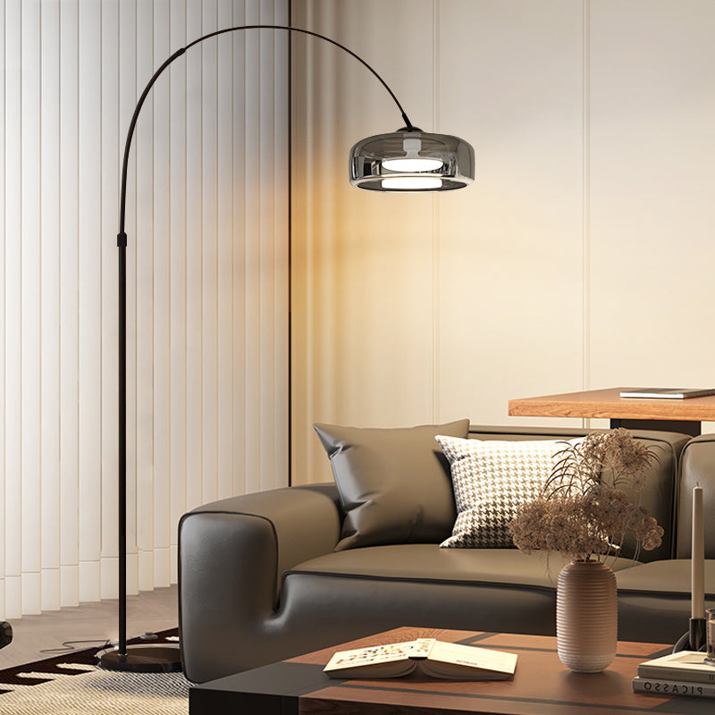 Modern Arc Floor Lamp with Smoked Glass Shade and Black Metal Frame for Living Room or Office
