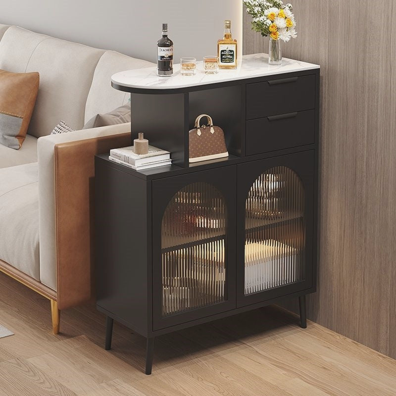 Modern Black Side Cabinet with Fluted Glass Doors and Marble Top for Entryway or Living Room Storage