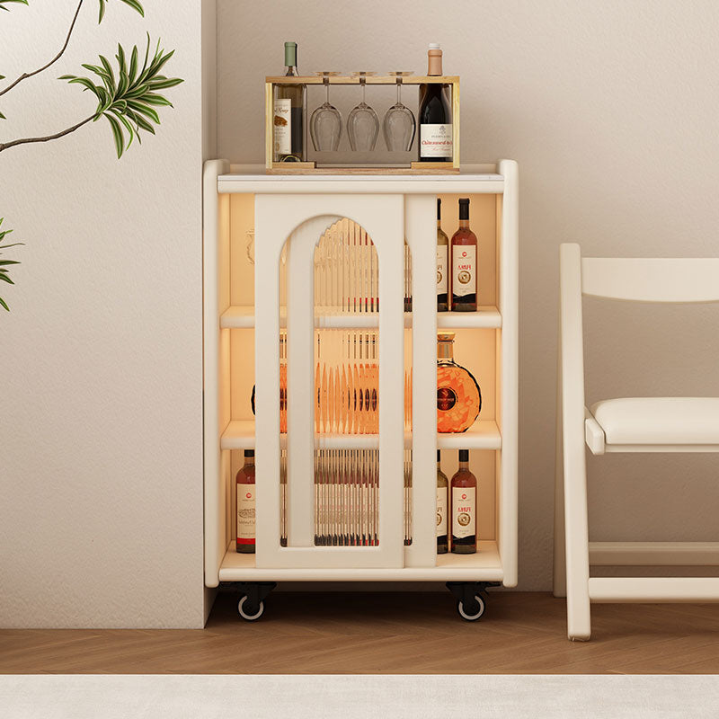 Cream Rolling Bar Cabinet with Arched Glass Door and LED Lighting for Wine and Liquor Storage