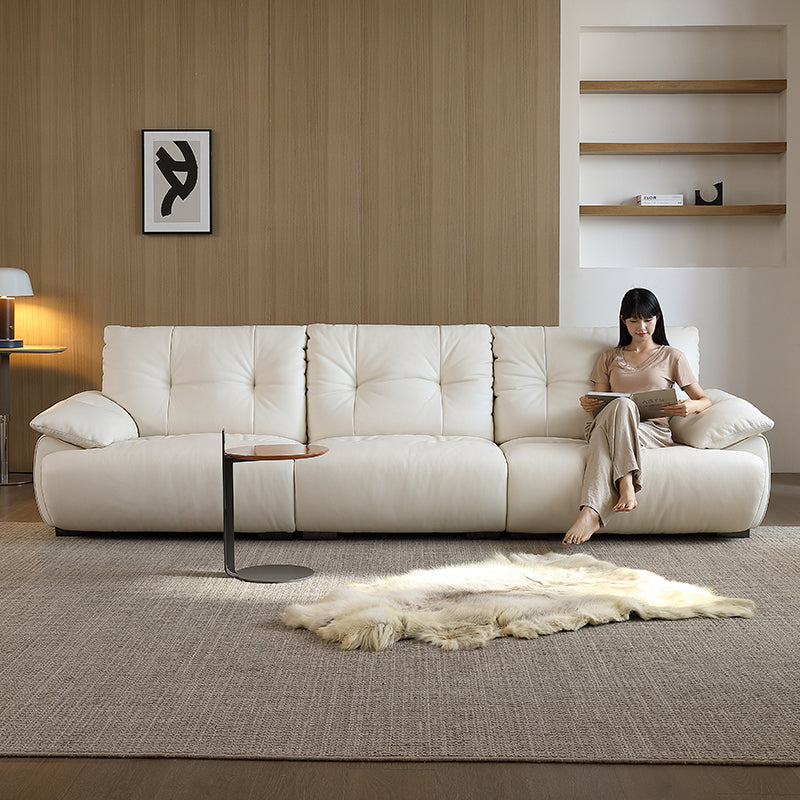 Modern Pillow-Top Leather Sofa in Cream White a€?Deep Seat 4-Seater Couch with Tufted Back and Low Profile Design