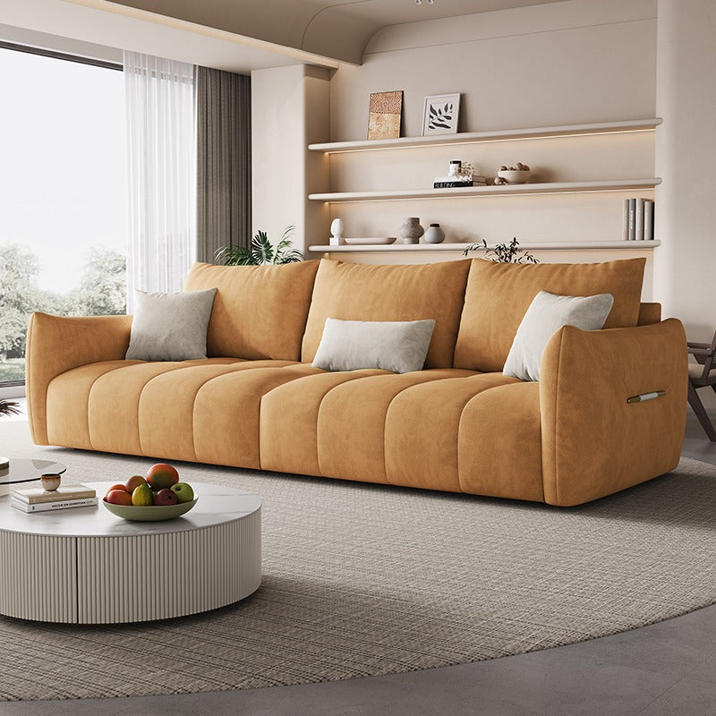 Modern Curved Arm Sofa in Camel Suede a€?3-Seater with Soft Channel Tufting and Cozy Contemporary Design
