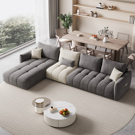 Modern L-Shaped Cloud Sectional Sofa a€?Two-Tone Gray & Cream 5-Seater with Deep Channel Tufting
