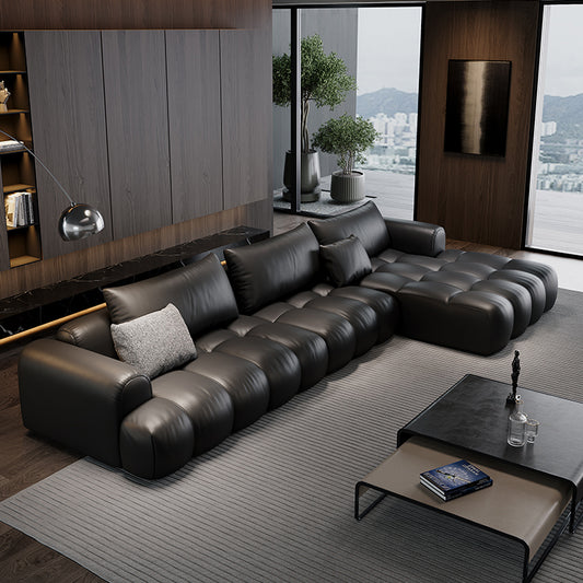 Luxury Oversized L-Shaped Leather Cloud Sofa a€?Modern 6-Seater in Matte Black with Deep Tufted Cushions
