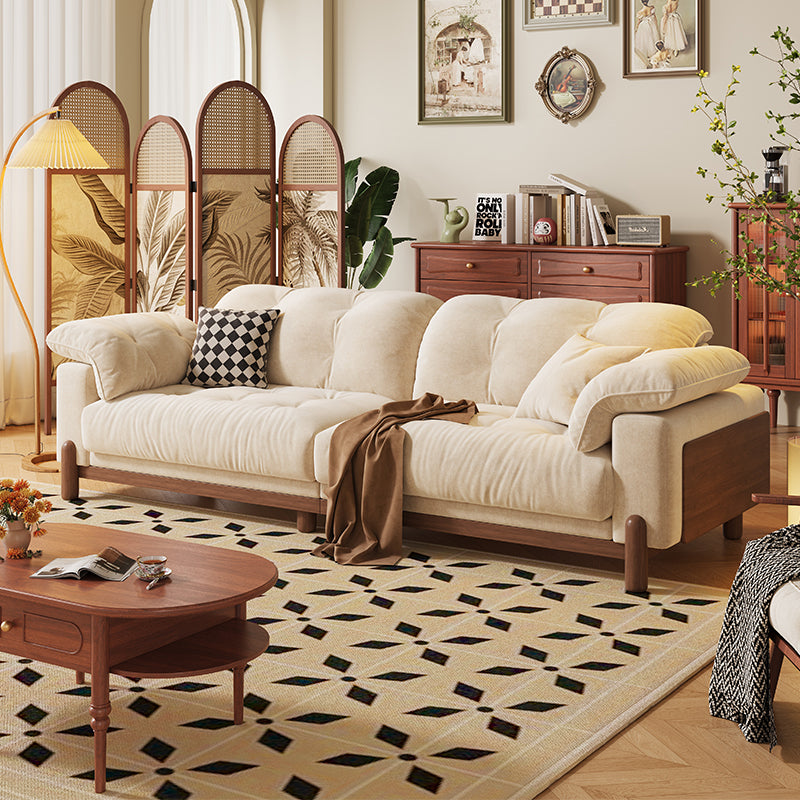 Mid-Century Modern 3-Seat Fabric Sofa with Solid Wood Frame and Plush Cushions for Living Room or Lounge