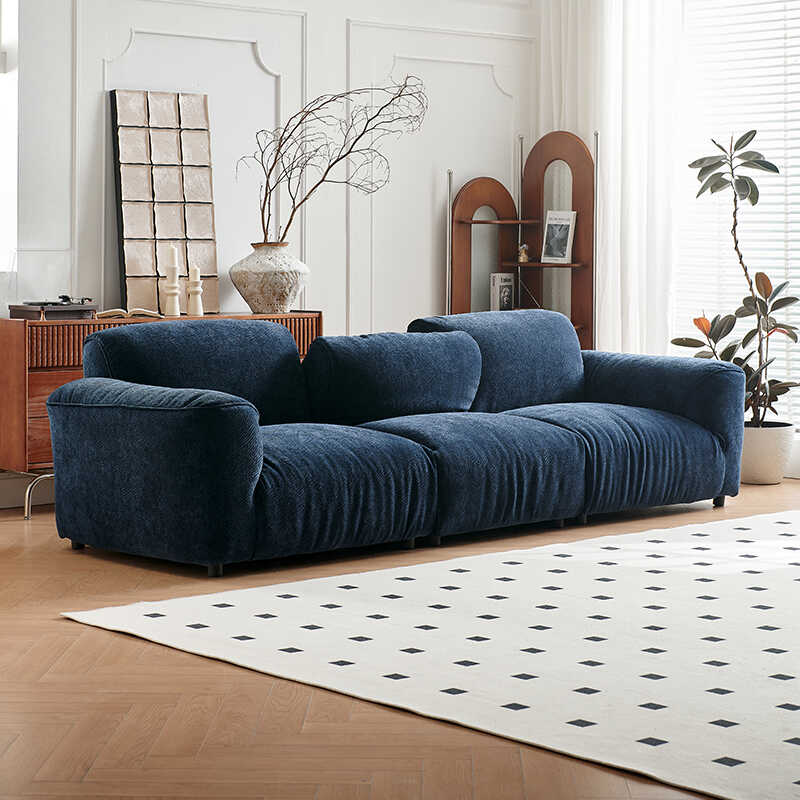 Modern Deep Blue Lounge Sofa a€?Low-Profile 4-Seater with Plush Corduroy-Look Fabric and Relaxed Silhouette