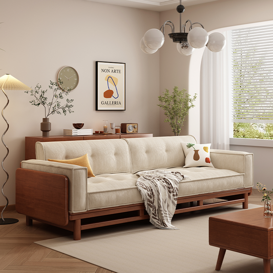 Mid-Century Modern Corduroy Sofa a€?3-Seater with Solid Wood Frame and Tufted Cushions in Cream Beige