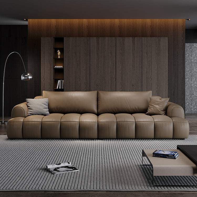 Modern Leather Sofa in Matte Mocha Brown a€?Oversized 4-Seater with Tufted Cushion Base and Low Profile Design