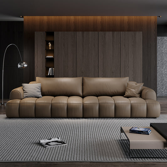 Modern Leather Sofa in Matte Mocha Brown a€?Oversized 4-Seater with Tufted Cushion Base and Low Profile Design