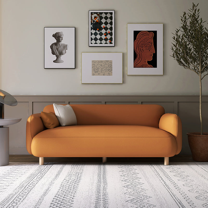Modern Curved Arm Sofa in Burnt Orange a€?Minimalist 2.5-Seater with Rounded Edges and Wooden Legs