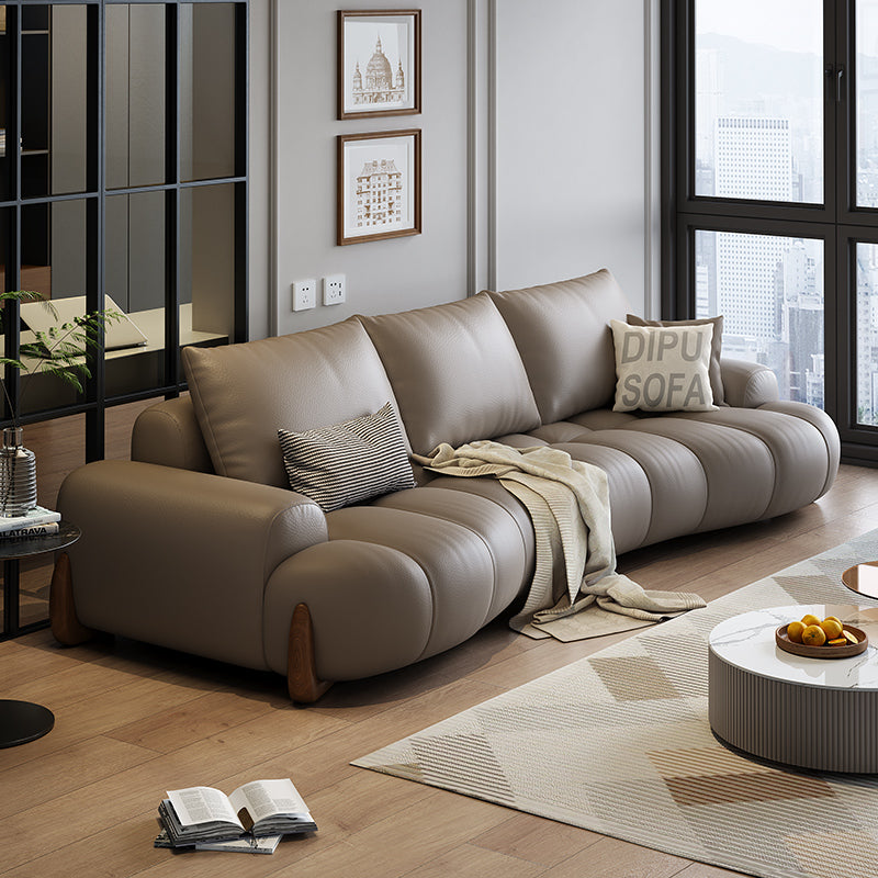 Modern 3-Seat Faux Leather Sofa with Curved Armrests and Wood Accents for Contemporary Living Room Comfort