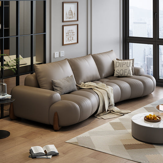 Modern 3-Seat Faux Leather Sofa with Curved Armrests and Wood Accents for Contemporary Living Room Comfort